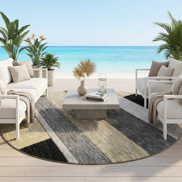 8 Ft Round Geometric Polyester Rug Washable for Patio Porch Kitchen or Family Room