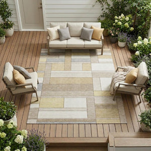 10 X 14 Ivory Beige Geometric Polyester Area Rug Stain Resistant for Patio