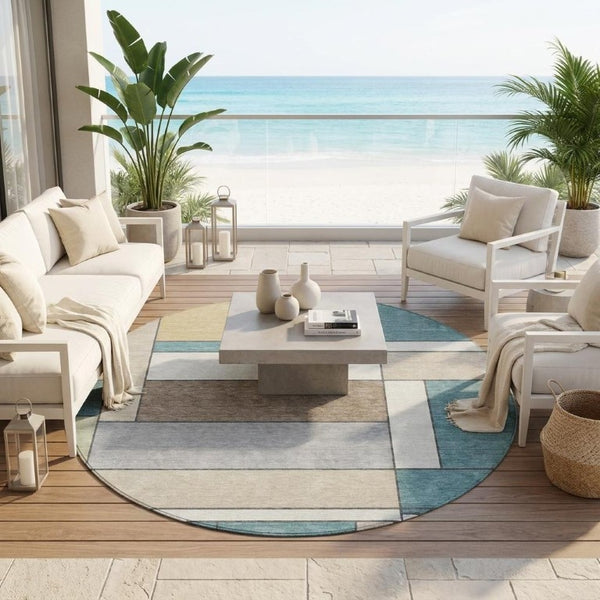 8 Ft Round Geometric Polyester Area Rug in Teal Washable for Indoor Outdoor Use