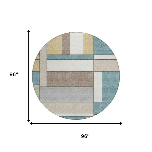 8 Ft Round Geometric Polyester Area Rug in Teal Washable for Indoor Outdoor Use