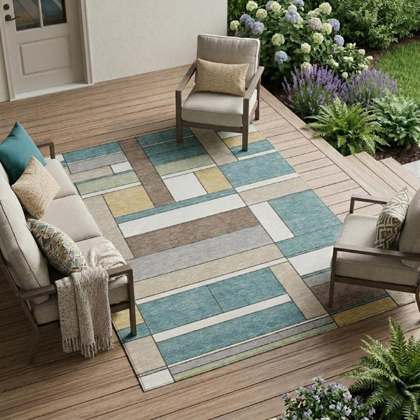 8 X 10 Teal Beige Geometric Polyester Area Rug Washable Stain Resistant Indoor Outdoor