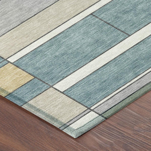 8 X 10 Teal Beige Geometric Polyester Area Rug Washable Stain Resistant Indoor Outdoor