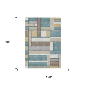 8 X 10 Teal Beige Geometric Polyester Area Rug Washable Stain Resistant Indoor Outdoor