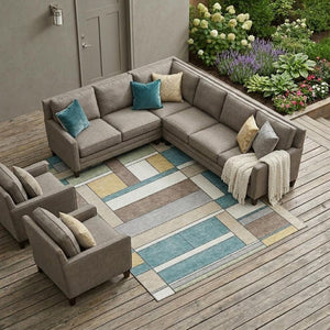 9 X 12 Teal Beige Geometric Polyester Area Rug Washable Stain Resistant Patio