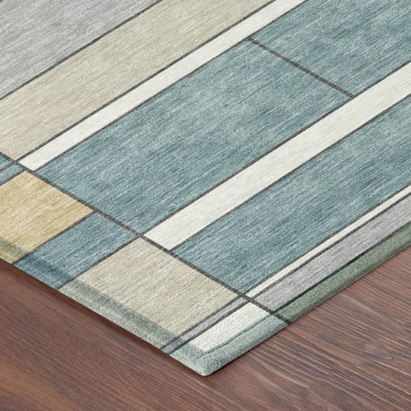 9 X 12 Teal Beige Geometric Polyester Area Rug Washable Stain Resistant Patio