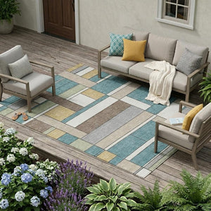 10 X 14 Geometric Polyester Area Rug Washable Stain Resistant Indoor Outdoor Teal