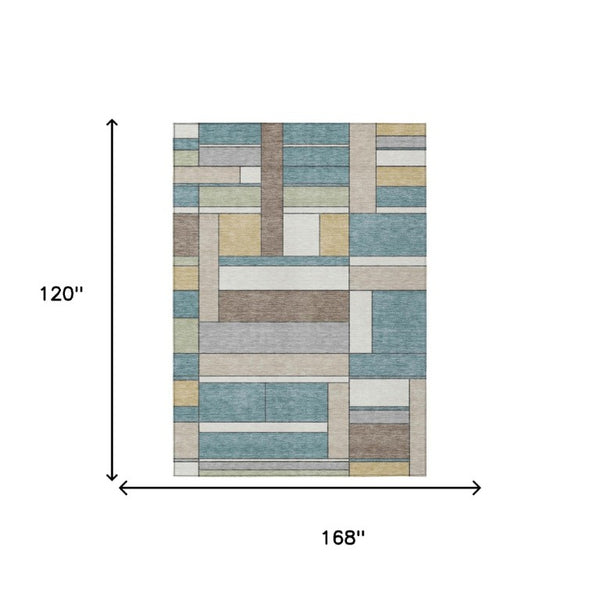 10 X 14 Geometric Polyester Area Rug Washable Stain Resistant Indoor Outdoor Teal