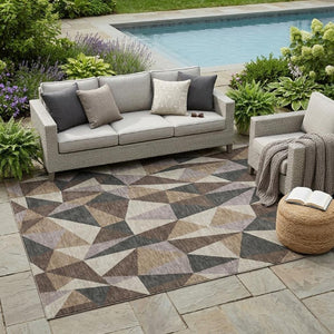 5 X 8 Beige Brown Geometric Polyester Area Rug Washable Stain Resistant Indoor Outdoor