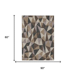 5 X 8 Beige Brown Geometric Polyester Area Rug Washable Stain Resistant Indoor Outdoor