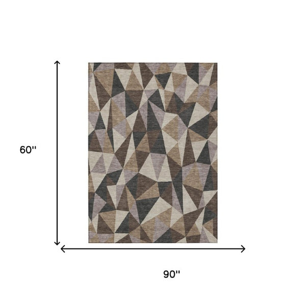 5 X 8 Beige Brown Geometric Polyester Area Rug Washable Stain Resistant Indoor Outdoor