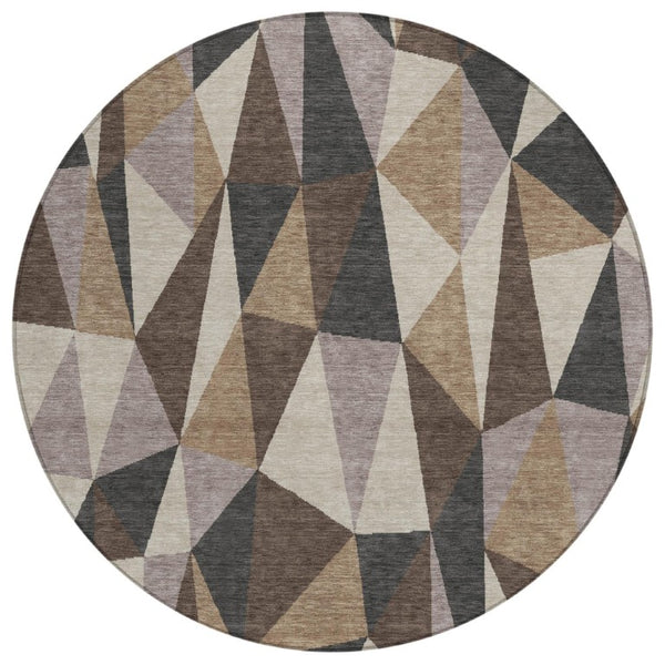 HomeRoots 8 Ft Round Geometric Polyester Area Rug Washable Stain Resistant Indoor Outdoor Beige 743311