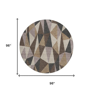 8 Ft Round Geometric Polyester Area Rug Washable Stain Resistant Indoor Outdoor Beige