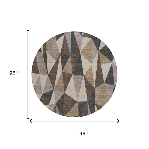 8 Ft Round Geometric Polyester Area Rug Washable Stain Resistant Indoor Outdoor Beige