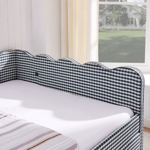 English Elm Queen Gingham Linen Daybed with Wave Backrest Two Storage Drawers and Usb Port Navy Blue W1413S00152