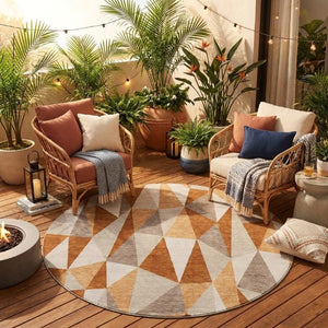 8 Ft Round Geometric Polyester Area Rug Washable for Indoor Outdoor High Traffic