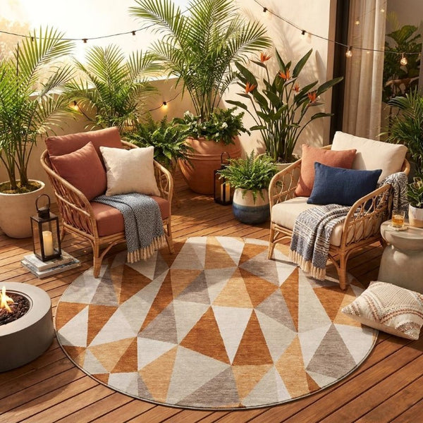8 Ft Round Geometric Polyester Area Rug Washable for Indoor Outdoor High Traffic