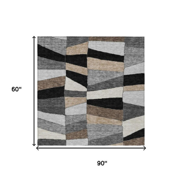 5x8 Black Graphite Geometric Polyester Area Rug Washable for Patio or Living Room