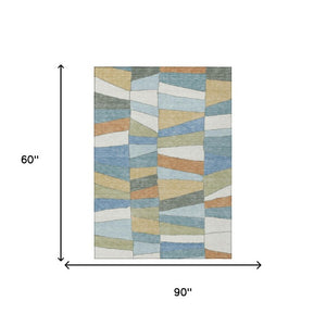 5 X 8 Blue Ivory Geometric Polyester Area Rug Washable for Indoor Outdoor Use