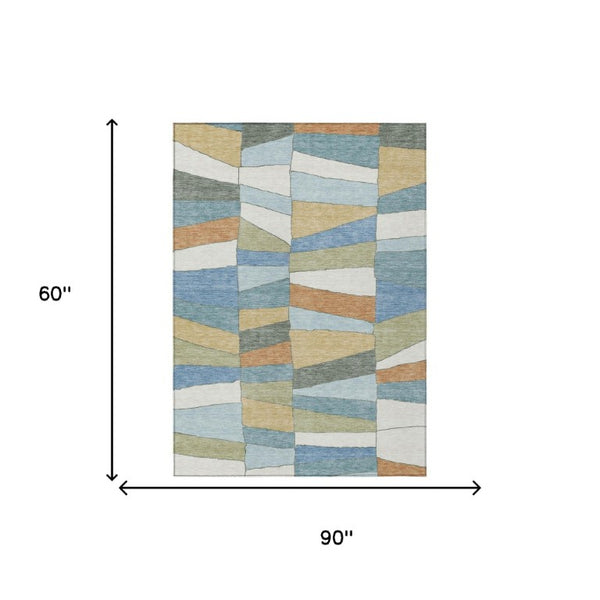 5 X 8 Blue Ivory Geometric Polyester Area Rug Washable for Indoor Outdoor Use