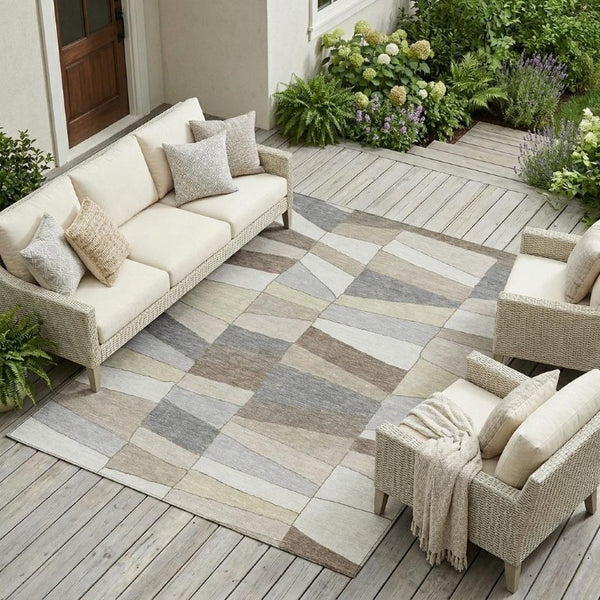 8x10 Ivory Beige Geometric Polyester Area Rug Stain Resistant for Patio or Living Room