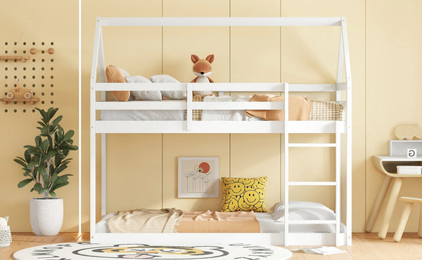 English Elm Twin Rubber Wood Floor Bunk Bed House-Shaped Design with Ladder Guardrails Sturdy Low-Profile Retreat White W504P206864