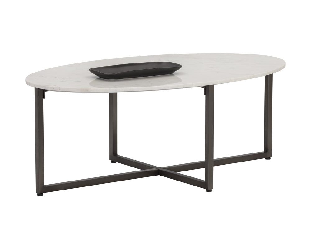 Sunpan Kiara Coffee Table - Elegant White Marble Top with Gunmetal Base, Modern Minimalist Design for Your Home Oval - 47W x 27.5D x 17H