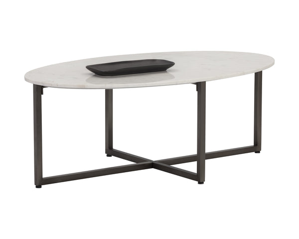Sunpan Kiara Coffee Table - Elegant White Marble Top with Gunmetal Base, Modern Minimalist Design for Your Home Oval - 47W x 27.5D x 17H