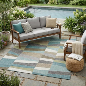 5 X 8 Teal Beige Geometric Polyester Area Rug Washable Stain Resistant Indoor Outdoor