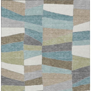 5 X 8 Teal Beige Geometric Polyester Area Rug Washable Stain Resistant Indoor Outdoor