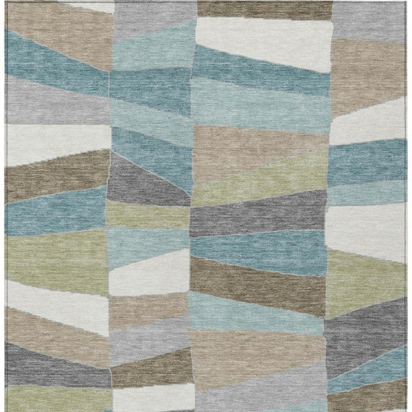 5 X 8 Teal Beige Geometric Polyester Area Rug Washable Stain Resistant Indoor Outdoor