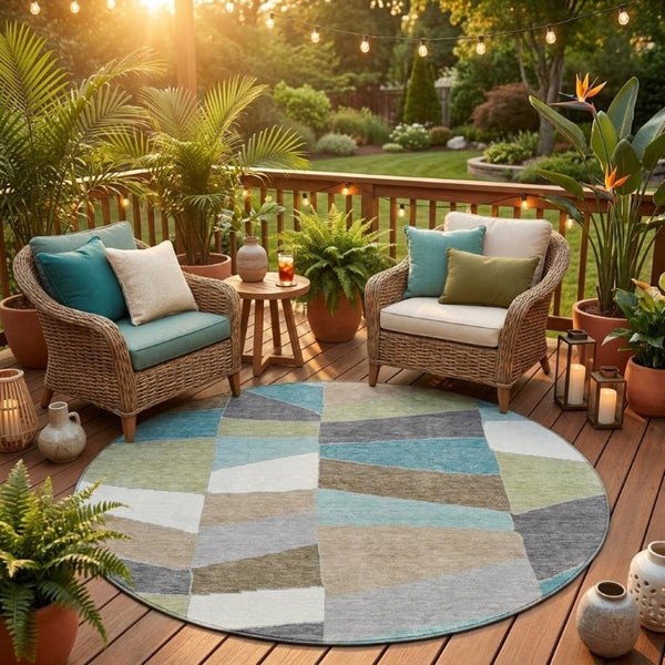 8 Ft Round Geometric Polyester Area Rug Teal Beige Washable Stain Resistant Patio