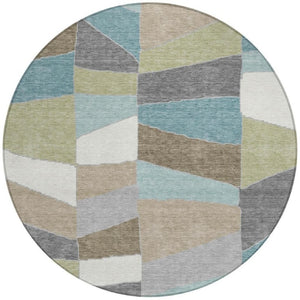 HomeRoots 8 Ft Round Geometric Polyester Area Rug Teal Beige Washable Stain Resistant Patio 743404