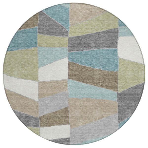 8 Ft Round Geometric Polyester Area Rug Teal Beige Washable Stain Resistant Patio
