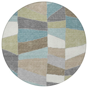 8 Ft Round Geometric Polyester Area Rug Teal Beige Washable Stain Resistant Patio