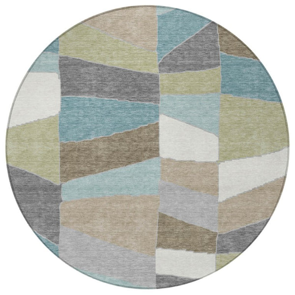 8 Ft Round Geometric Polyester Area Rug Teal Beige Washable Stain Resistant Patio