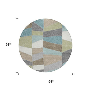 8 Ft Round Geometric Polyester Area Rug Teal Beige Washable Stain Resistant Patio