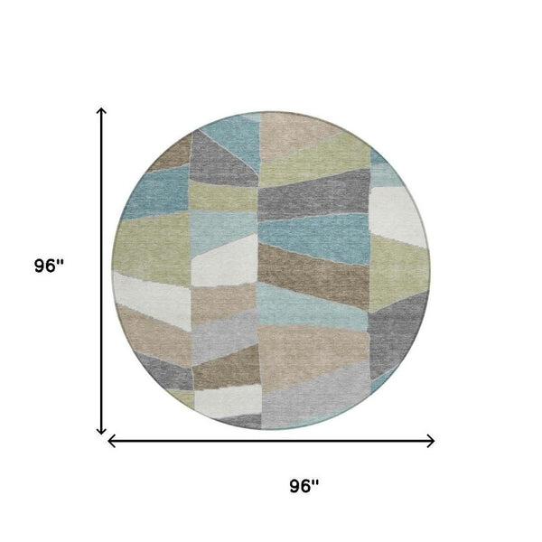 8 Ft Round Geometric Polyester Area Rug Teal Beige Washable Stain Resistant Patio