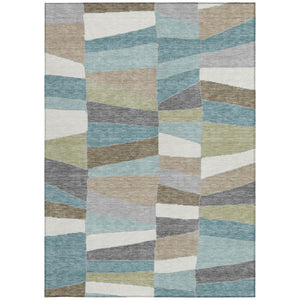 9x12 Teal Beige Geometric Polyester Area Rug Washable Stain Resistant Patio Porch
