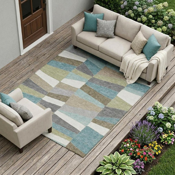 10 X 14 Teal Beige Geometric Polyester Area Rug Washable for Indoor Outdoor Use