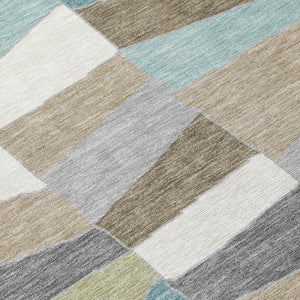 10 X 14 Teal Beige Geometric Polyester Area Rug Washable for Indoor Outdoor Use