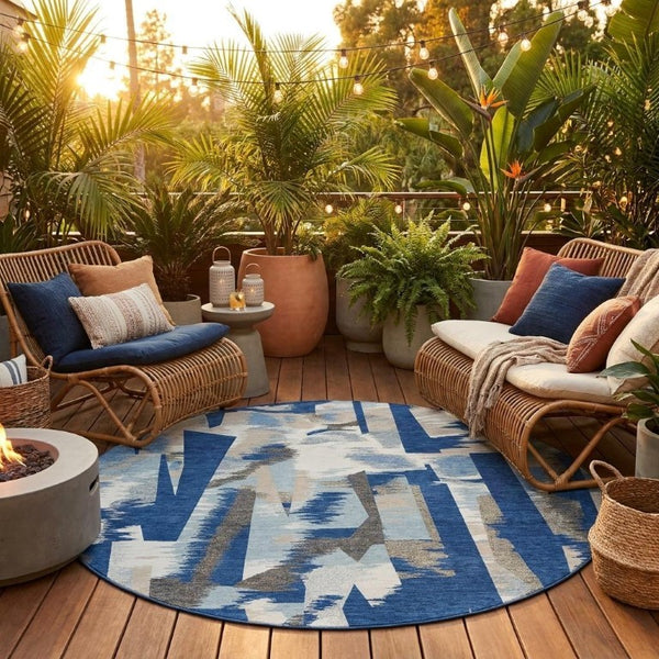 8 Foot Round Abstract Polyester Area Rug Washable and Stain Resistant for Patio