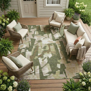 9 X 12 Abstract Olive Polyester Area Rug Washable for Patio Porch or Living Room
