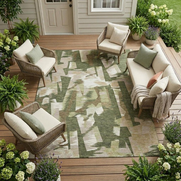9 X 12 Abstract Olive Polyester Area Rug Washable for Patio Porch or Living Room