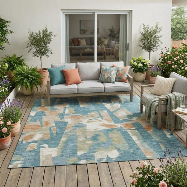 5x8 Abstract Teal Polyester Area Rug Stain Resistant for Indoor Outdoor Use