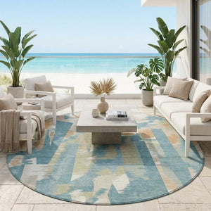 8 Ft Round Abstract Teal Beige Washable Polyester Rug for Indoor Outdoor Spaces
