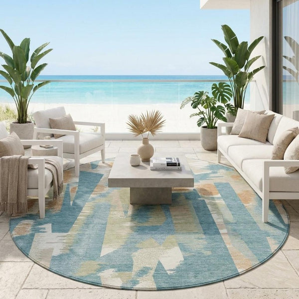 8 Ft Round Abstract Teal Beige Washable Polyester Rug for Indoor Outdoor Spaces
