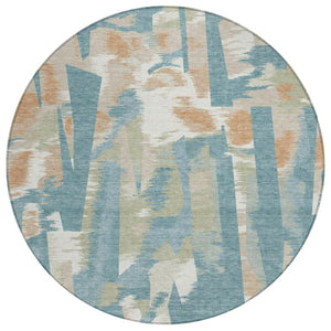 HomeRoots 8 Ft Round Abstract Teal Beige Washable Polyester Rug for Indoor Outdoor Spaces 743434