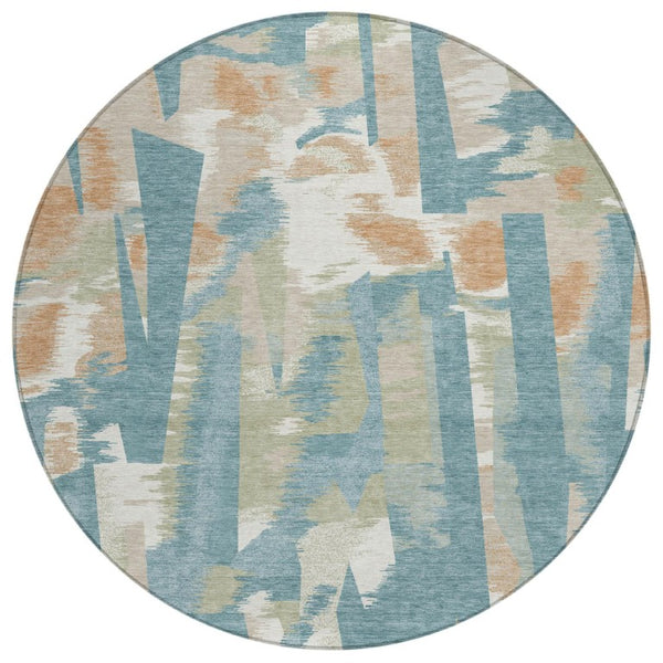 HomeRoots 8 Ft Round Abstract Teal Beige Washable Polyester Rug for Indoor Outdoor Spaces 743434