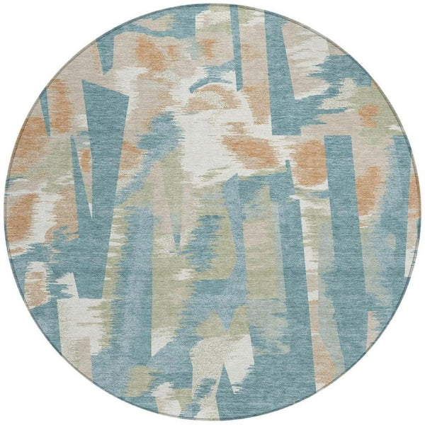 8 Ft Round Abstract Teal Beige Washable Polyester Rug for Indoor Outdoor Spaces