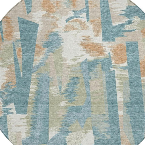 8 Ft Round Abstract Teal Beige Washable Polyester Rug for Indoor Outdoor Spaces